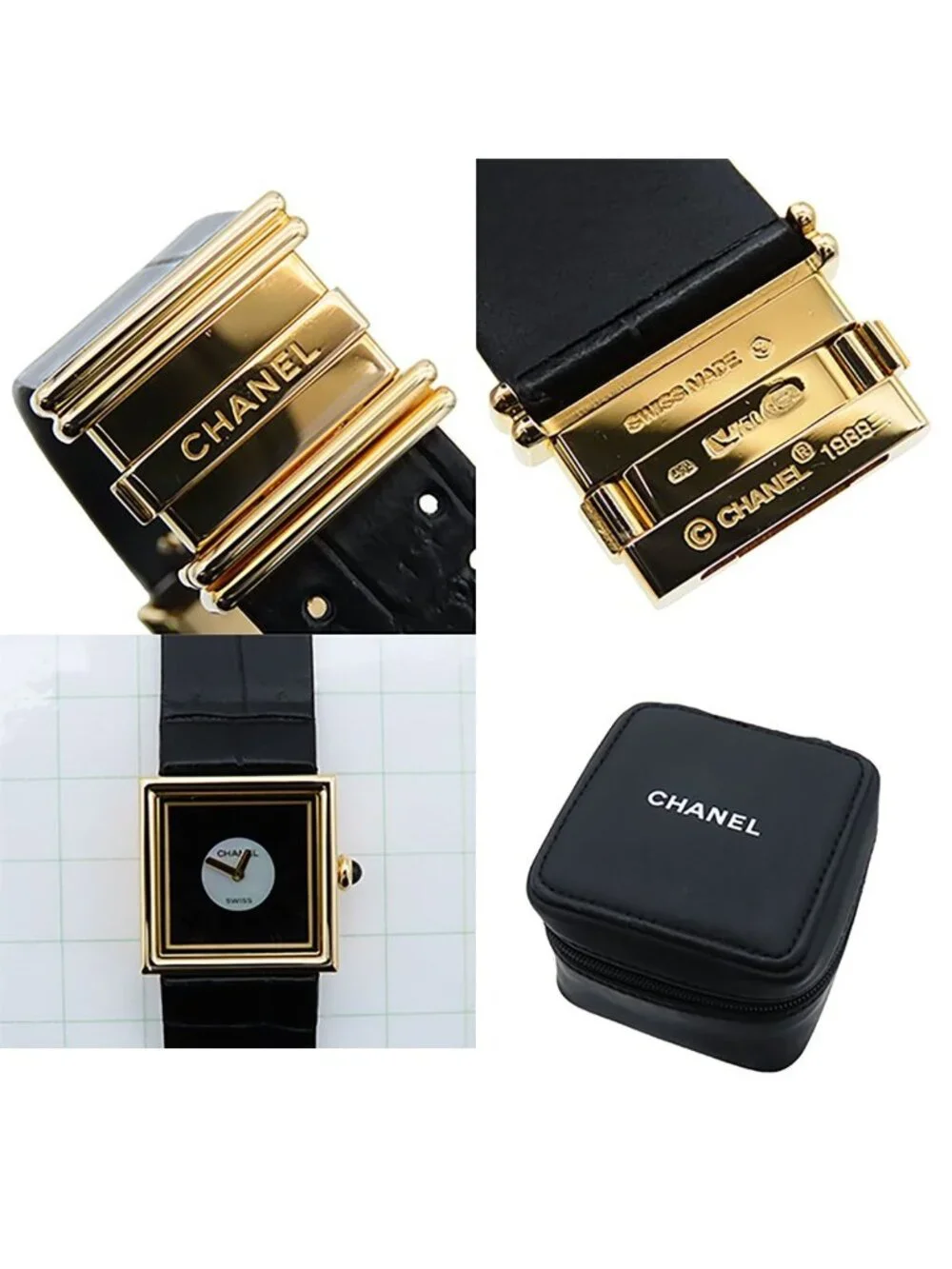 Chanel Mademoiselle Black 18K Yellow Gold Leather Shell Dial Watch Quartz
